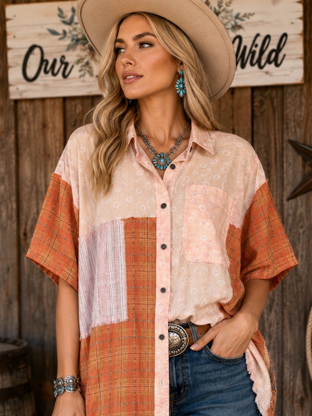 BlueVelvet L Relaxed Patchwork Button-Front Shirt - Peach & Rust